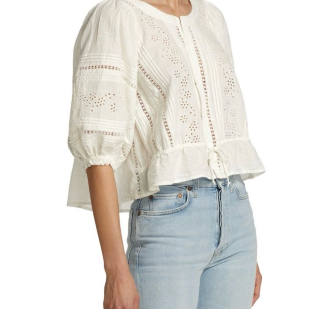 Free People White Eyelet Embroidered Puff Sleeve babydoll Top Blouse Size Small